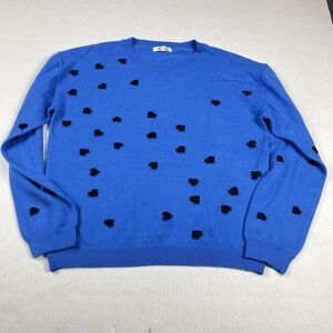 CocoBleu Heart Print Crew Neck Sweater Blue Black Graphic Knit Pullover Large